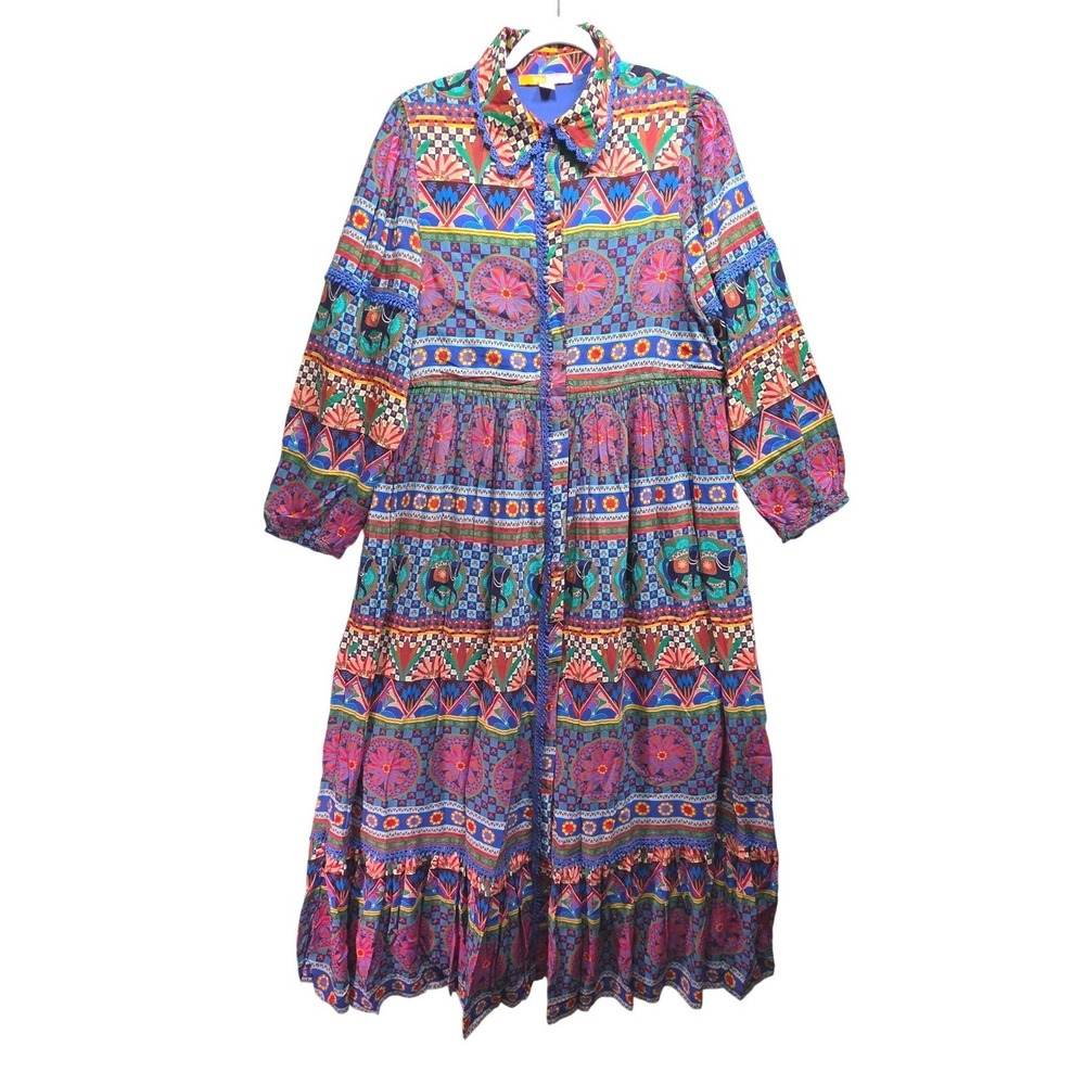 Briton Court Boho Horses Maxi Dress Sz L Mixed Print Modal Medallions Blue Red